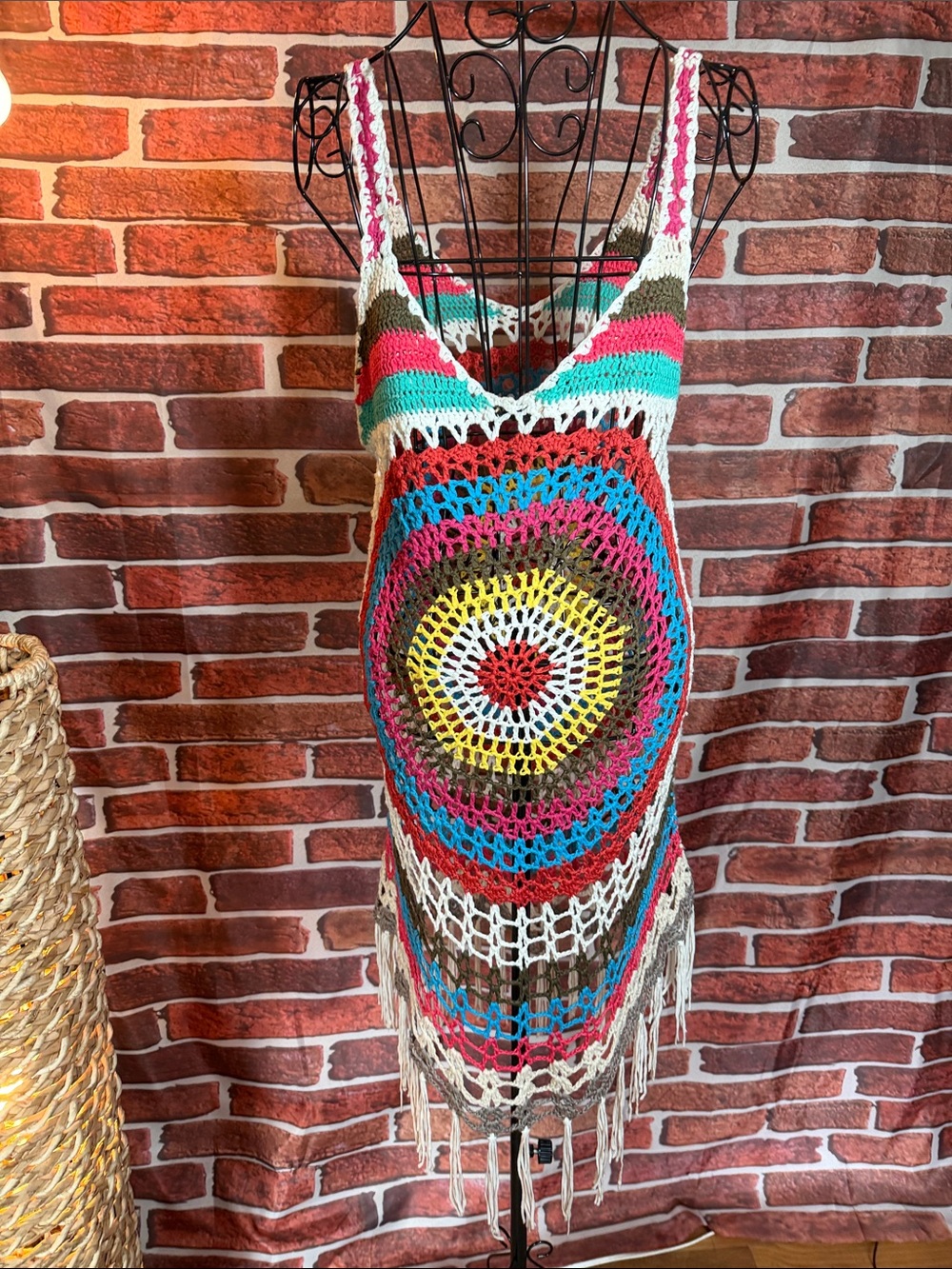 👚 Super Airy, Fringed Crocheted Cover-Up Beach Dress | Sz OS / Q - Picture 4 of 5